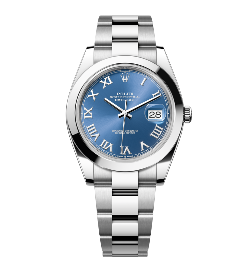 Rolex Datejust – 41 mm – פלדה רצועת אויסטר באזל חלק לוח כחול רומי גימור קצה