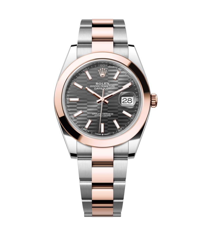 Rolex Datejust – 41 mm – טו טון רוז גולד רצועת אויסטר באזל חלק לוח מוטיף אפור גימור שוויצרי