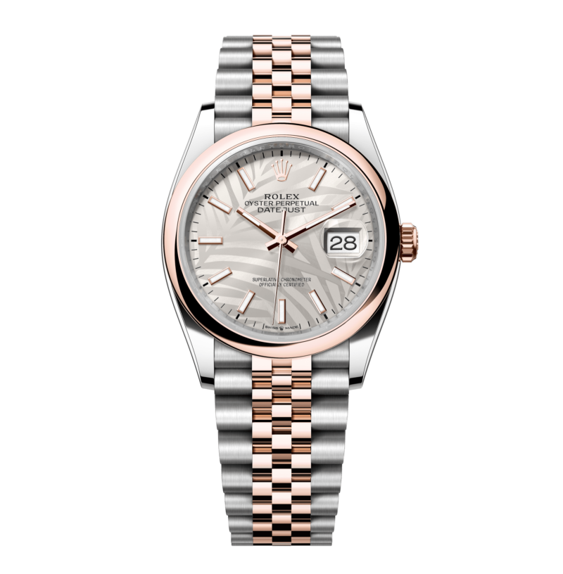 Rolex Datejust – 36 mm – טו טון רוז גולד רצועת ג'ובילי באזל חלק לוח עלה דקל סילבר גימור שוויצרי