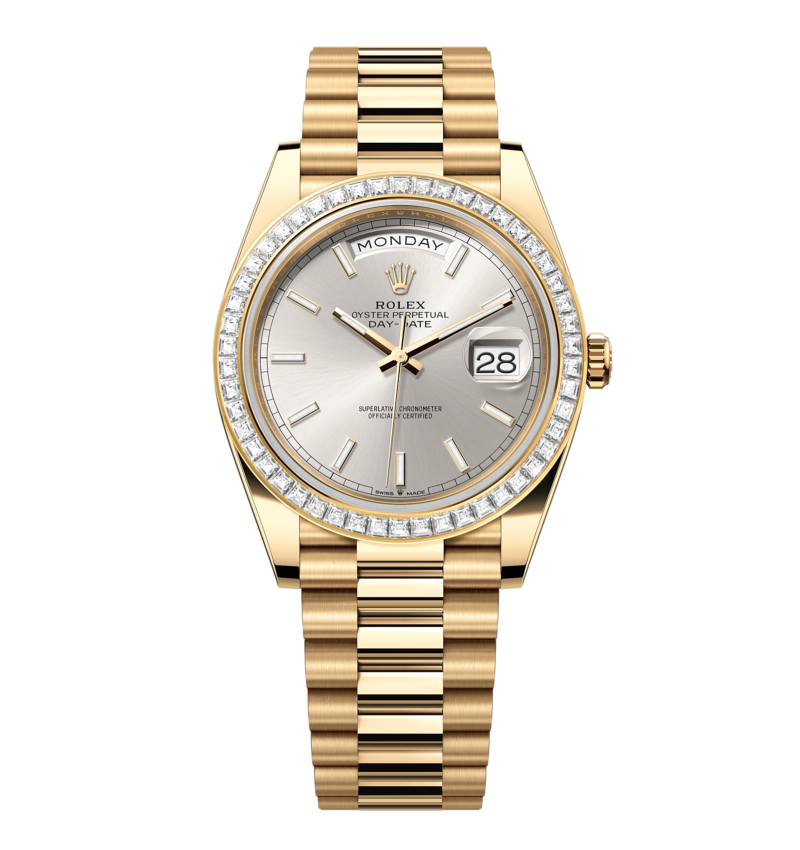 Rolex Day-Date - 40 mm - זהב צהוב לוח אפור באזל יהלומים גימור קצה